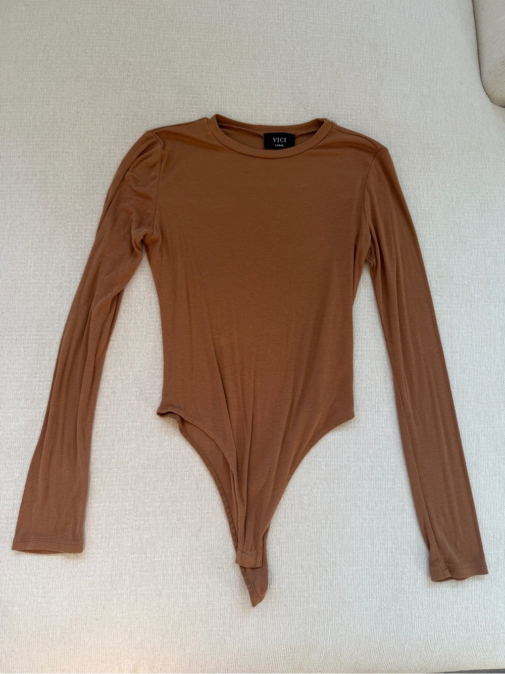 Vici Ribbed Long Sleeve Bodysuit in Camel